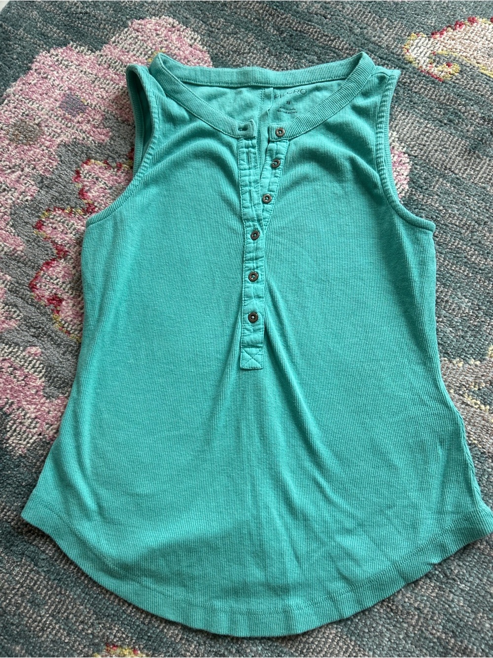 Pilcro Sleeveless Henley Ribbed Tank Top in Teal - Picture 2 of 6
